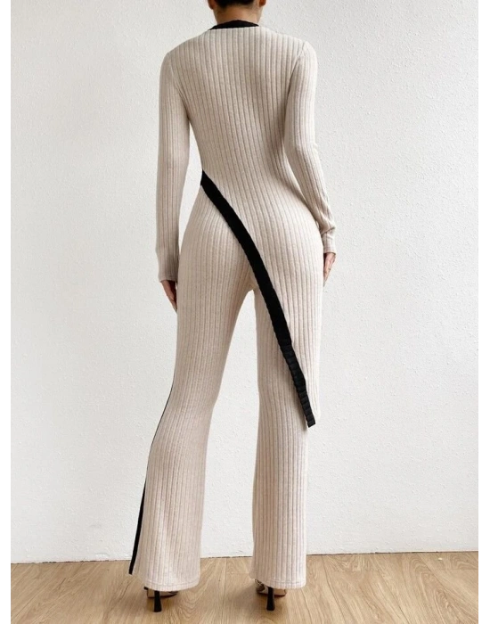 Kadın Uzun Kollu Bisiklet Yaka Asimetrik Kesim Bluz şardonlu Kaşkorse Bluz Ve Pantolon Ikili Takım