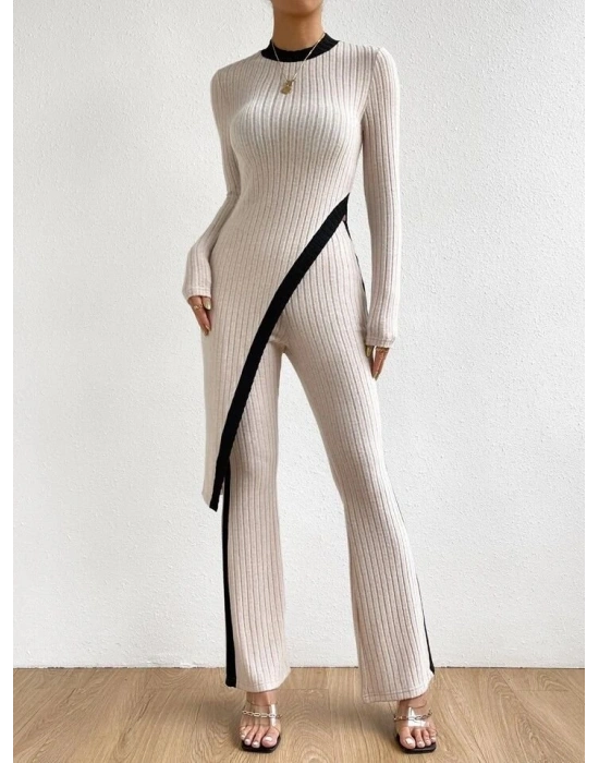 Kadın Uzun Kollu Bisiklet Yaka Asimetrik Kesim Bluz şardonlu Kaşkorse Bluz Ve Pantolon Ikili Takım