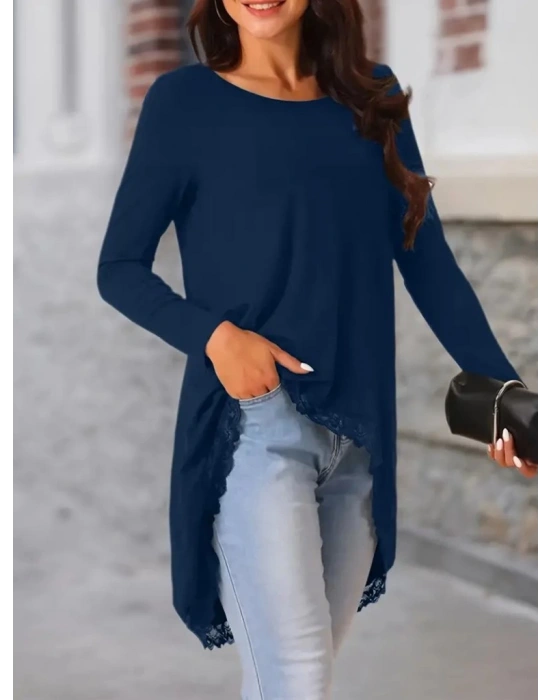 Kadın Uzun Kollu Bisiklet Yaka Asimetrik Kesim Detaylı Dantelli Viskon Bluz