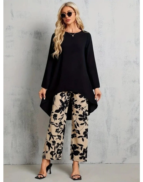 Kadın Uzun Kollu Bisiklet Yaka Asimetrik Kesim Detaylı Viskon Bluz Ve çiçek Desenli Iki Iplik Pantolon