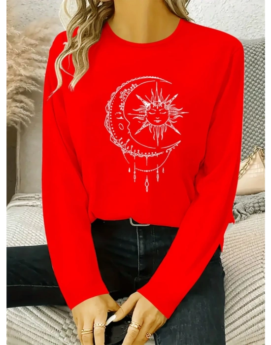 Kadın Uzun Kollu Bisiklet Yaka Ay Baskılı Viskon Bluz