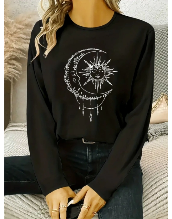 Kadın Uzun Kollu Bisiklet Yaka Ay Baskılı Viskon Bluz