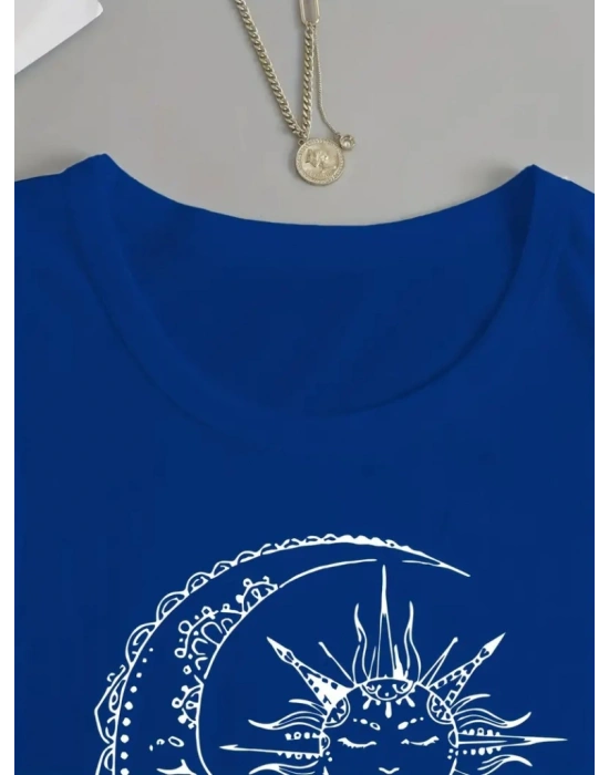 Kadın Uzun Kollu Bisiklet Yaka Ay Baskılı Viskon Bluz