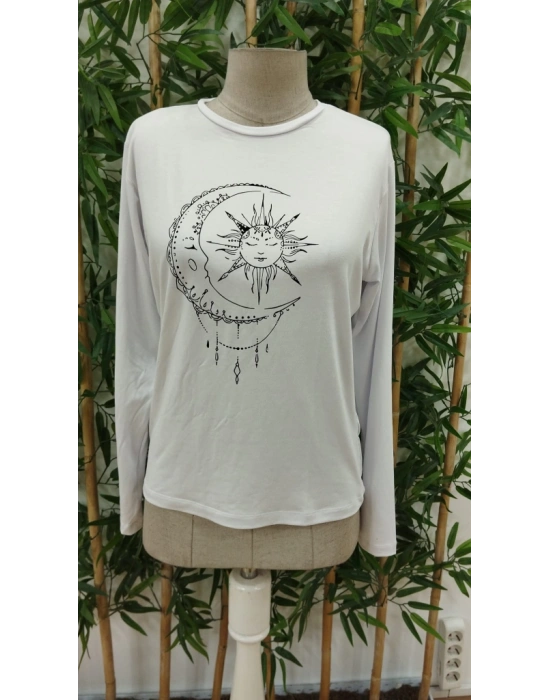 Kadın Uzun Kollu Bisiklet Yaka Ay Baskılı Viskon Bluz