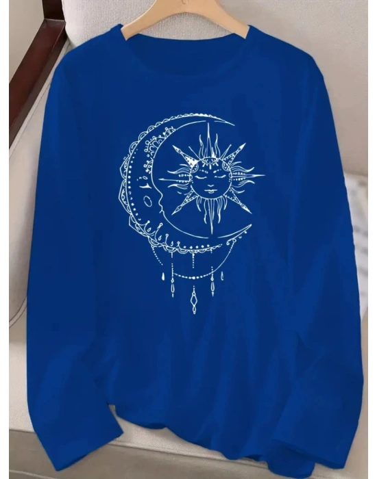 Kadın Uzun Kollu Bisiklet Yaka Ay Baskılı Viskon Bluz