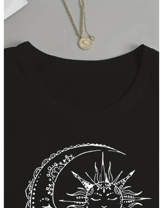 Kadın Uzun Kollu Bisiklet Yaka Ay Baskılı Viskon Bluz