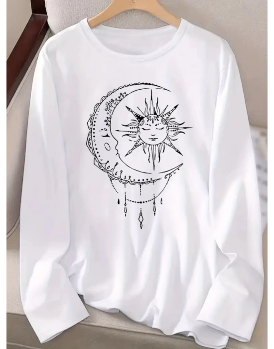 Kadın Uzun Kollu Bisiklet Yaka Ay Baskılı Viskon Bluz