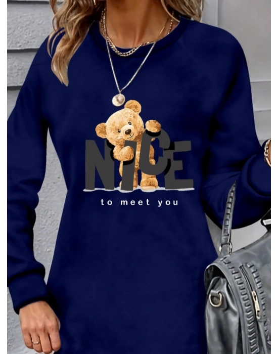 Kadın Uzun Kollu Bisiklet Yaka Ayı Desenli Viskon Iki Iplik Elbise