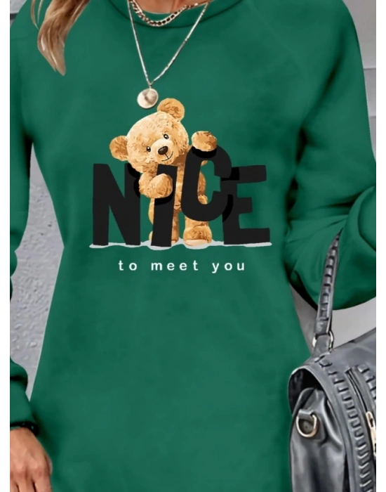 Kadın Uzun Kollu Bisiklet Yaka Ayı Desenli Viskon Iki Iplik Elbise