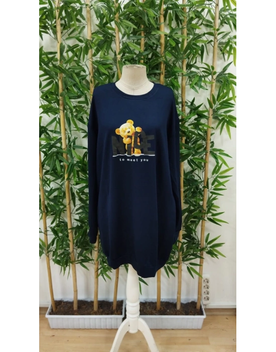 Kadın Uzun Kollu Bisiklet Yaka Ayı Desenli Viskon Iki Iplik Elbise