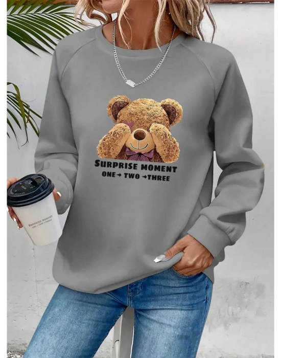 Kadın Uzun Kollu Bisiklet Yaka Ayıcık Desenli Viskon Iki Iplik Bluz