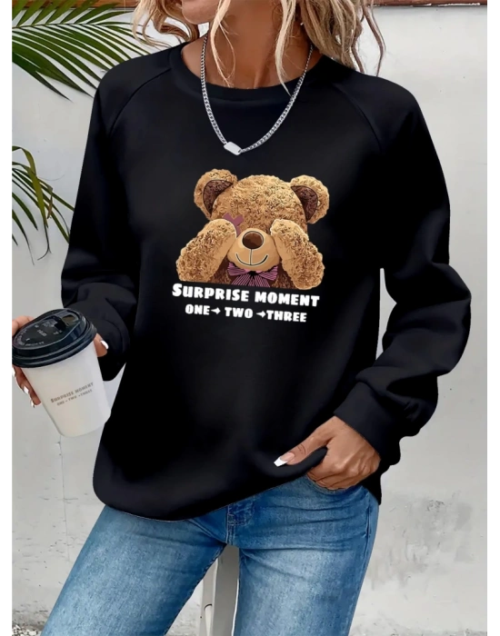 Kadın Uzun Kollu Bisiklet Yaka Ayıcık Desenli Viskon Iki Iplik Bluz