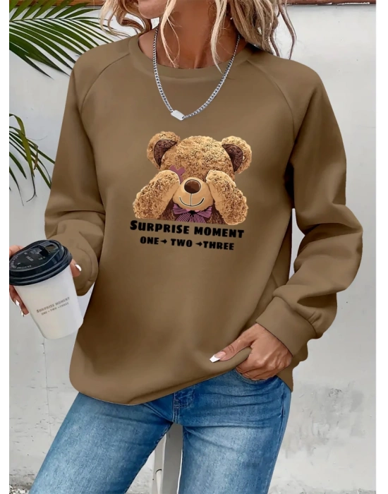 Kadın Uzun Kollu Bisiklet Yaka Ayıcık Desenli Viskon Iki Iplik Bluz