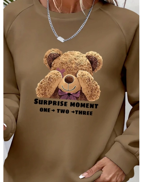 Kadın Uzun Kollu Bisiklet Yaka Ayıcık Desenli Viskon Iki Iplik Bluz