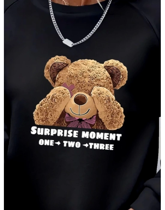 Kadın Uzun Kollu Bisiklet Yaka Ayıcık Desenli Viskon Iki Iplik Bluz