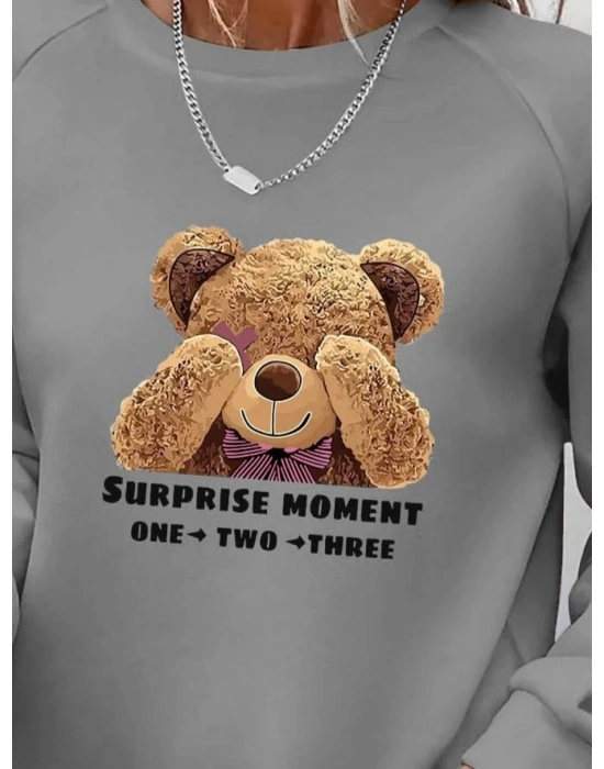 Kadın Uzun Kollu Bisiklet Yaka Ayıcık Desenli Viskon Iki Iplik Bluz