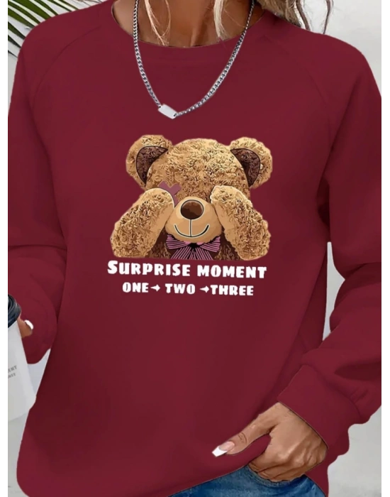 Kadın Uzun Kollu Bisiklet Yaka Ayıcık Desenli Viskon Iki Iplik Bluz