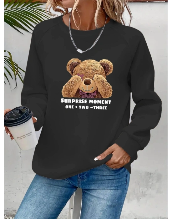 Kadın Uzun Kollu Bisiklet Yaka Ayıcık Desenli Viskon Iki Iplik Bluz