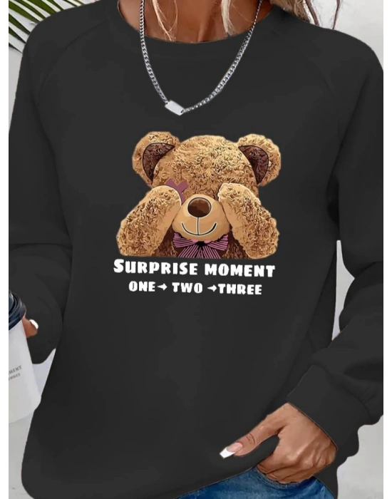 Kadın Uzun Kollu Bisiklet Yaka Ayıcık Desenli Viskon Iki Iplik Bluz