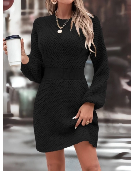 Kadın Uzun Kollu Bisiklet Yaka Balon Kol Bel Lastik Detay Triko Mini Boy Elbise