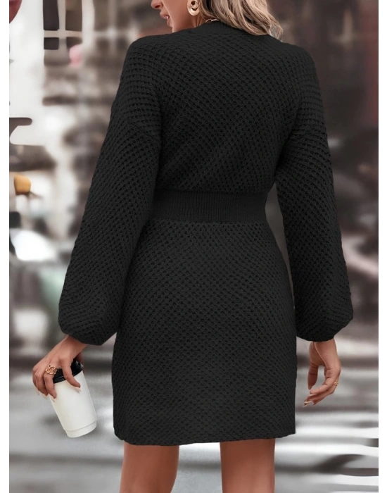 Kadın Uzun Kollu Bisiklet Yaka Balon Kol Bel Lastik Detay Triko Mini Boy Elbise