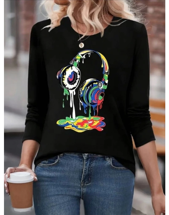 Kadın Uzun Kollu Bisiklet Yaka Baskılı Iki Iplik Bluz