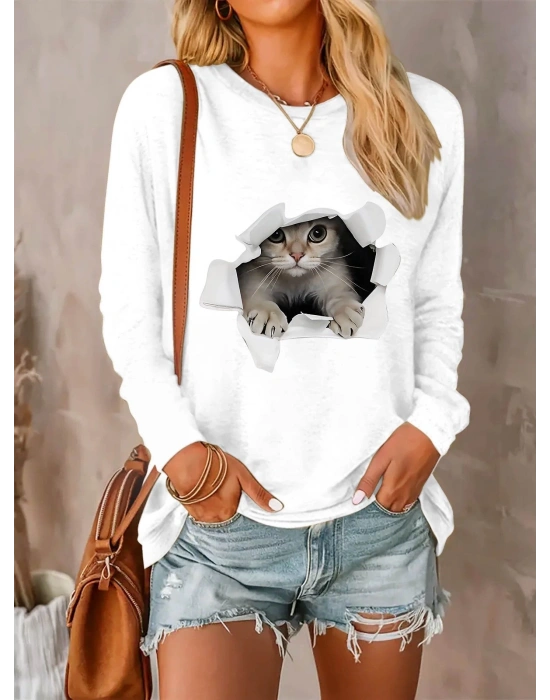 Kadın Uzun Kollu Bisiklet Yaka Baskılı Viskon Bluz