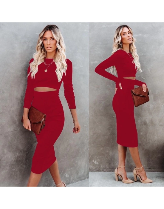 Kadın Uzun Kollu Bisiklet Yaka Bel Dekolteli Krep Midi Boy Elbise
