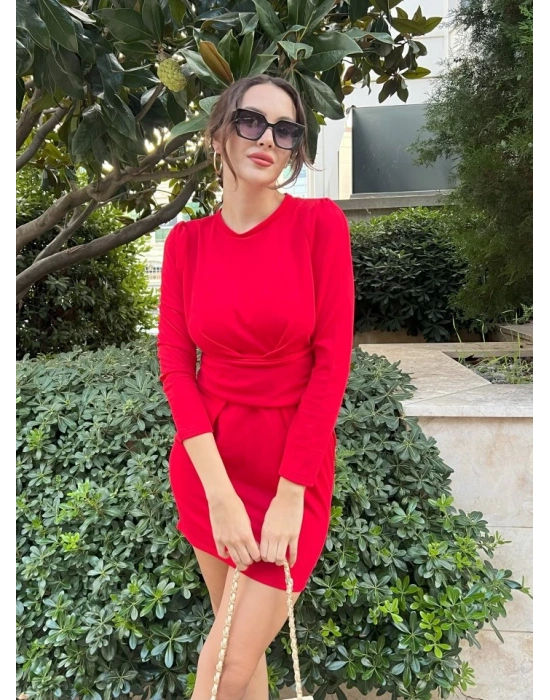 Kadın Uzun Kollu Bisiklet Yaka Bel Kemer Detay Ithal Krep Elbise