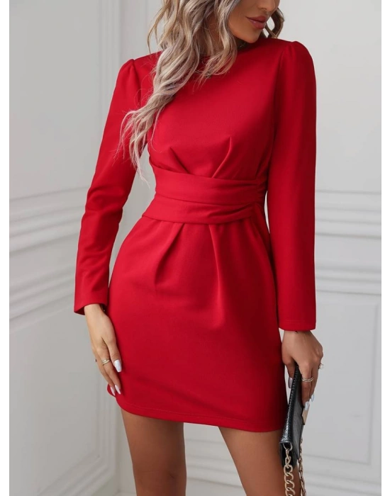 Kadın Uzun Kollu Bisiklet Yaka Bel Kemer Detay Ithal Krep Elbise