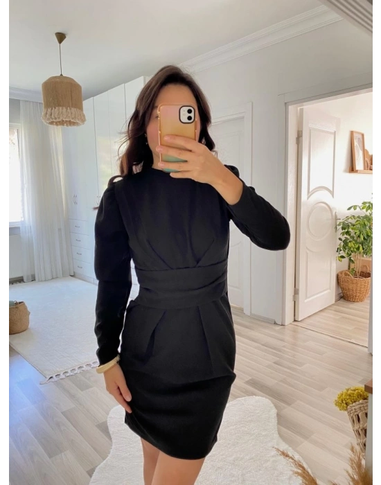 Kadın Uzun Kollu Bisiklet Yaka Bel Kemer Detay Ithal Krep Elbise