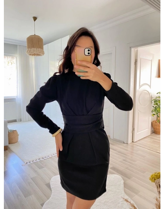 Kadın Uzun Kollu Bisiklet Yaka Bel Kemer Detay Ithal Krep Elbise