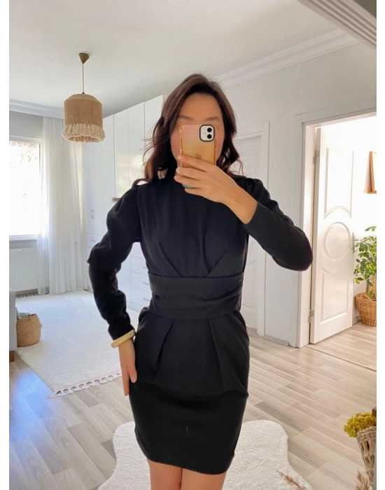 Kadın Uzun Kollu Bisiklet Yaka Bel Kemer Detay Ithal Krep Elbise