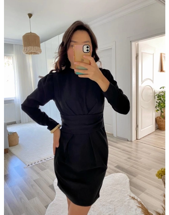 Kadın Uzun Kollu Bisiklet Yaka Bel Kemer Detay Ithal Krep Elbise