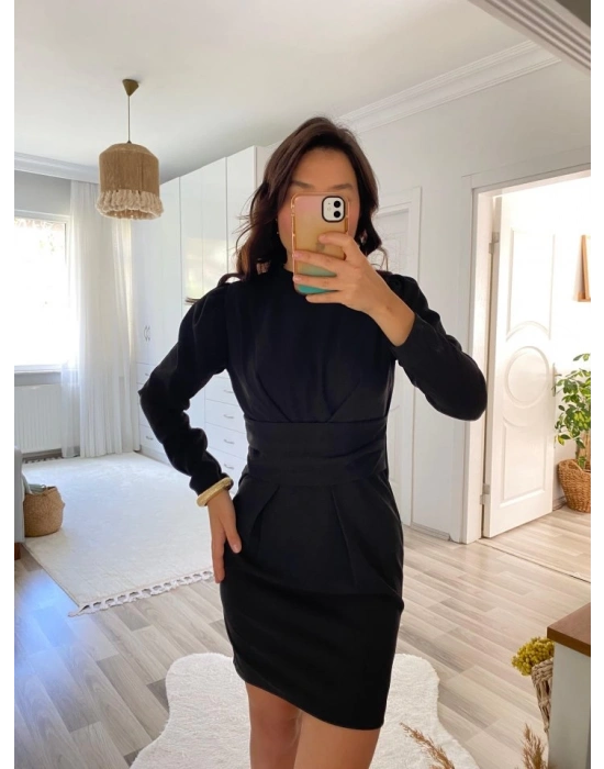 Kadın Uzun Kollu Bisiklet Yaka Bel Kemer Detay Ithal Krep Elbise