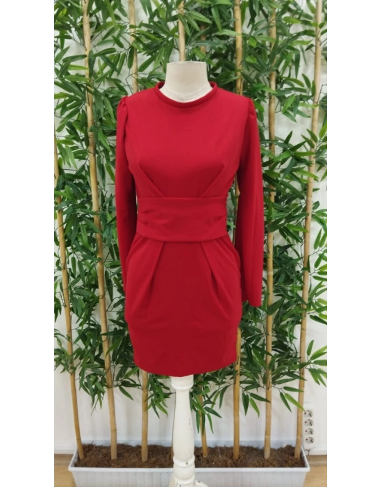 Kadın Uzun Kollu Bisiklet Yaka Bel Kemer Detay Ithal Krep Elbise