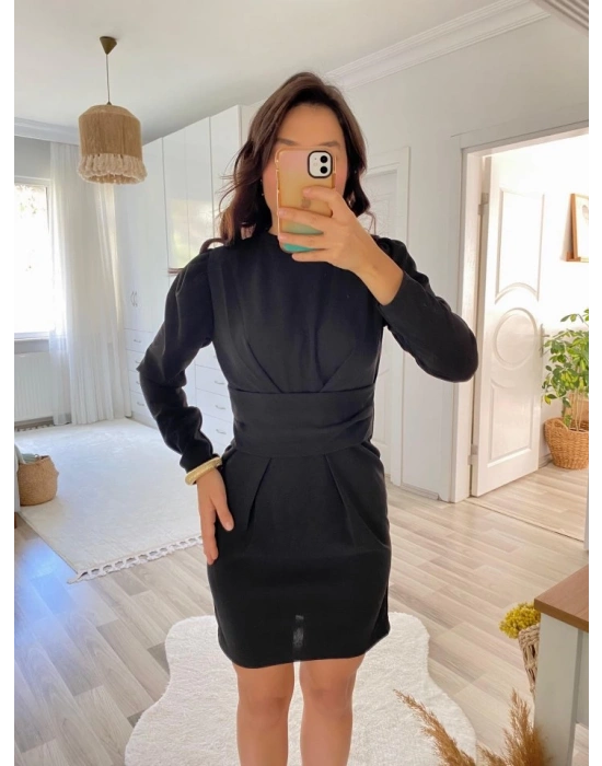 Kadın Uzun Kollu Bisiklet Yaka Bel Kemer Detay Ithal Krep Elbise