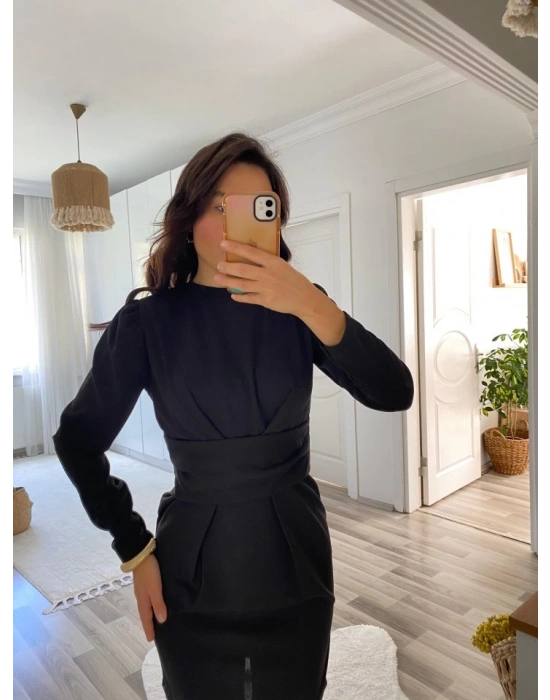 Kadın Uzun Kollu Bisiklet Yaka Bel Kemer Detay Ithal Krep Elbise