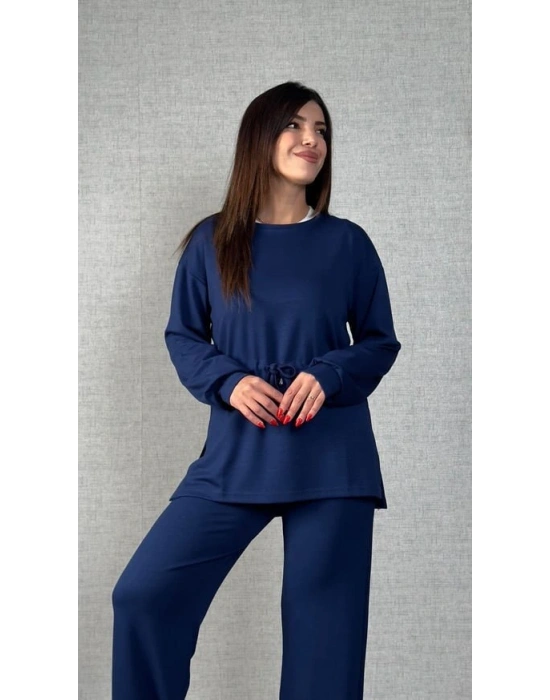 Kadın Uzun Kollu Bisiklet Yaka Belden Büzgülü Bağcıklı Viskon Iki Iplik Bluz Ve Pantolon Ikili Takım