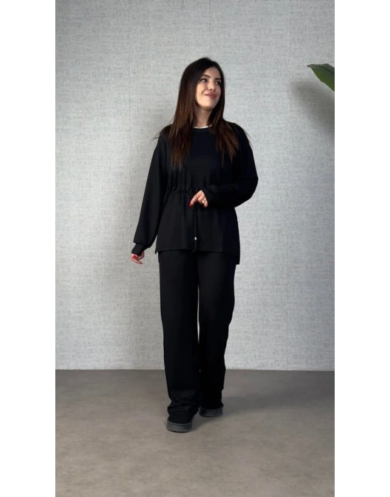 Kadın Uzun Kollu Bisiklet Yaka Belden Büzgülü Bağcıklı Viskon Iki Iplik Bluz Ve Pantolon Ikili Takım