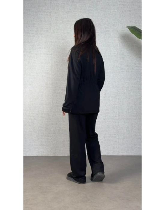 Kadın Uzun Kollu Bisiklet Yaka Belden Büzgülü Bağcıklı Viskon Iki Iplik Bluz Ve Pantolon Ikili Takım