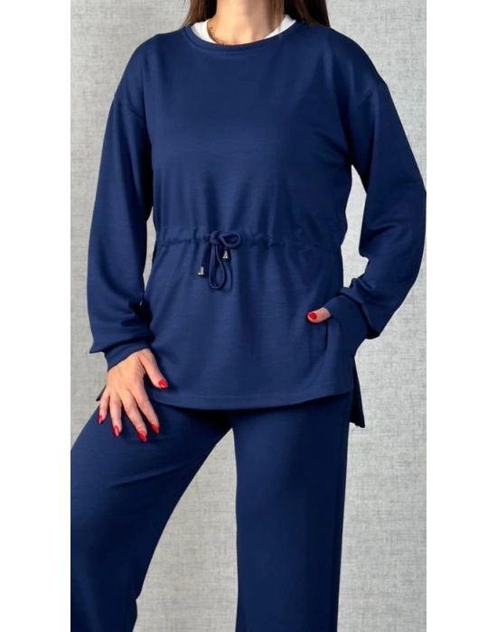 Kadın Uzun Kollu Bisiklet Yaka Belden Büzgülü Bağcıklı Viskon Iki Iplik Bluz Ve Pantolon Ikili Takım