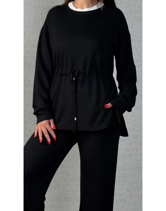 Kadın Uzun Kollu Bisiklet Yaka Belden Büzgülü Bağcıklı Viskon Iki Iplik Bluz Ve Pantolon Ikili Takım