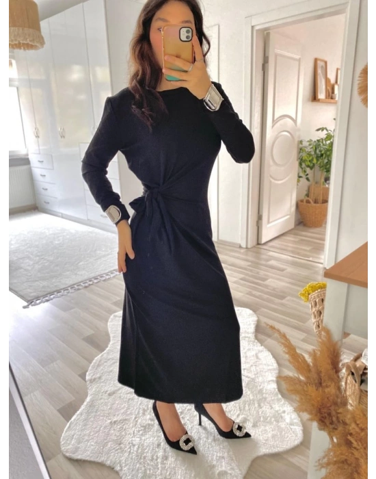 Kadın Uzun Kollu Bisiklet Yaka Belden çapraz Bağlamalı Yandan Yırtmaçlı Uzun Viskon Iki Iplik Elbise