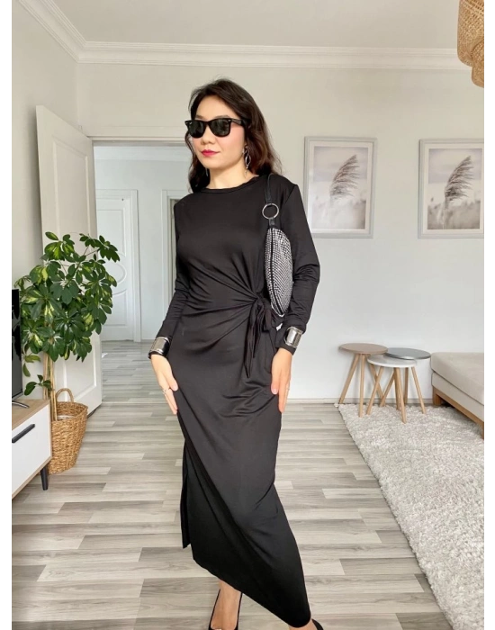 Kadın Uzun Kollu Bisiklet Yaka Belden çapraz Bağlamalı Yandan Yırtmaçlı Uzun Viskon Iki Iplik Elbise