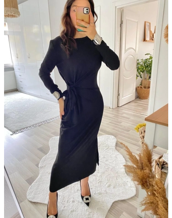 Kadın Uzun Kollu Bisiklet Yaka Belden çapraz Bağlamalı Yandan Yırtmaçlı Uzun Viskon Iki Iplik Elbise