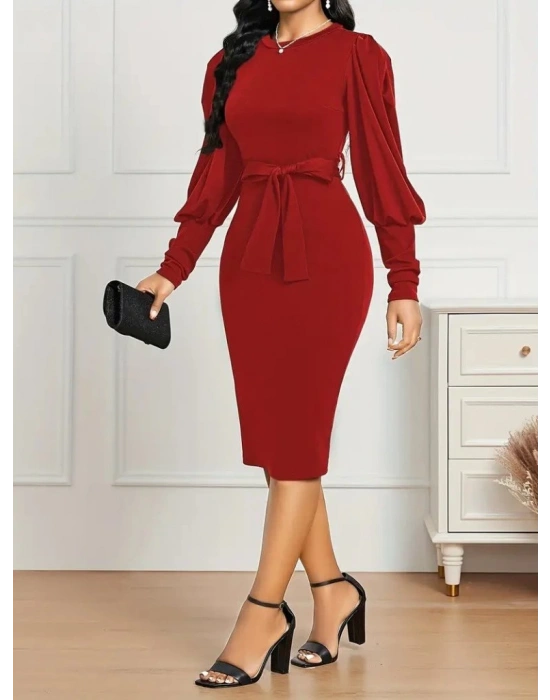 Kadın Uzun Kollu Bisiklet Yaka Beli Kuşaklı Ithal Krep Midi Elbise