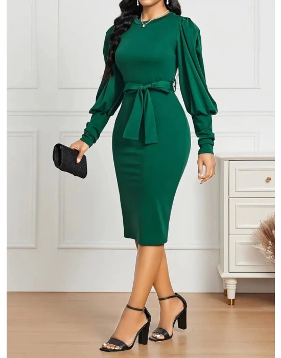 Kadın Uzun Kollu Bisiklet Yaka Beli Kuşaklı Ithal Krep Midi Elbise