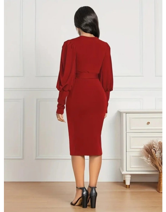 Kadın Uzun Kollu Bisiklet Yaka Beli Kuşaklı Ithal Krep Midi Elbise