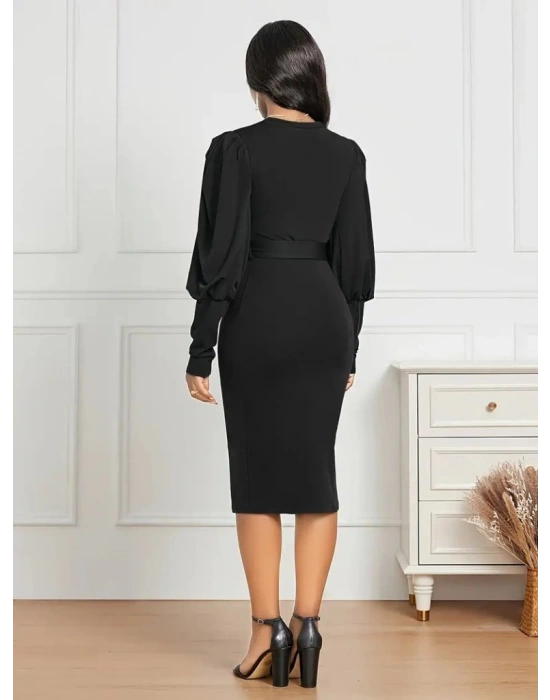 Kadın Uzun Kollu Bisiklet Yaka Beli Kuşaklı Ithal Krep Midi Elbise